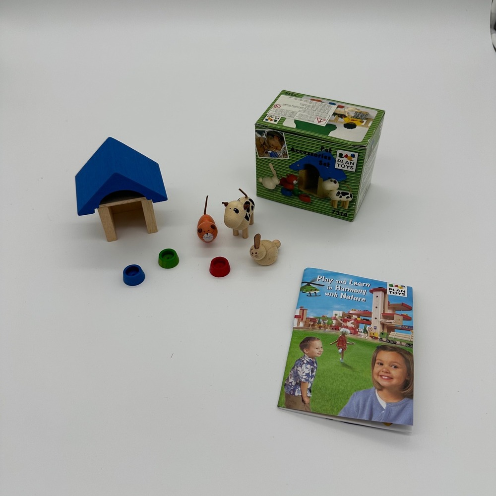 VTG Plan Toys Wooden Dollhouse Pet Accessories Set Dog Cat Rabbit Bowls Kennel